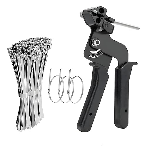 Stainless Steel Cable Tie With Gun 100 PCS 11.8" Metal Zip Ties, Heavy Duty Self-Locking Tool for Fastening & Cutting, Outdoor Fence & Pipe Organizer