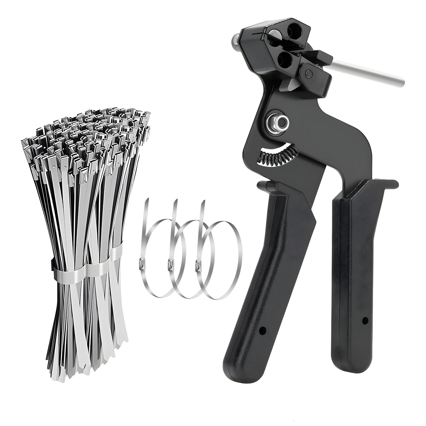 Stainless Steel Cable Tie With Gun 100 PCS 11.8" Metal Zip Ties, Heavy Duty Self-Locking Tool for Fastening & Cutting, Outdoor Fence & Pipe Organizer