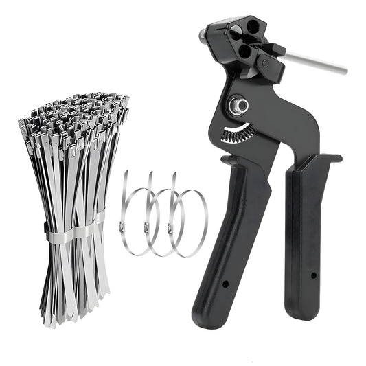 Stainless Steel Cable Tie With Gun 100 PCS 11.8" Metal Zip Ties, Heavy Duty Self-Locking Tool for Fastening & Cutting, Outdoor Fence & Pipe Organizer