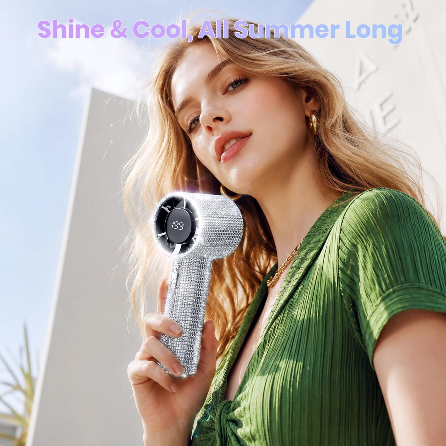StarJazz Bling Rhinestone Handheld Turbo Fan, Portable Rechargeable Mini Wind Cannon with LED Digital Display, 5 Gears 199 Adjustable Wind Speeds