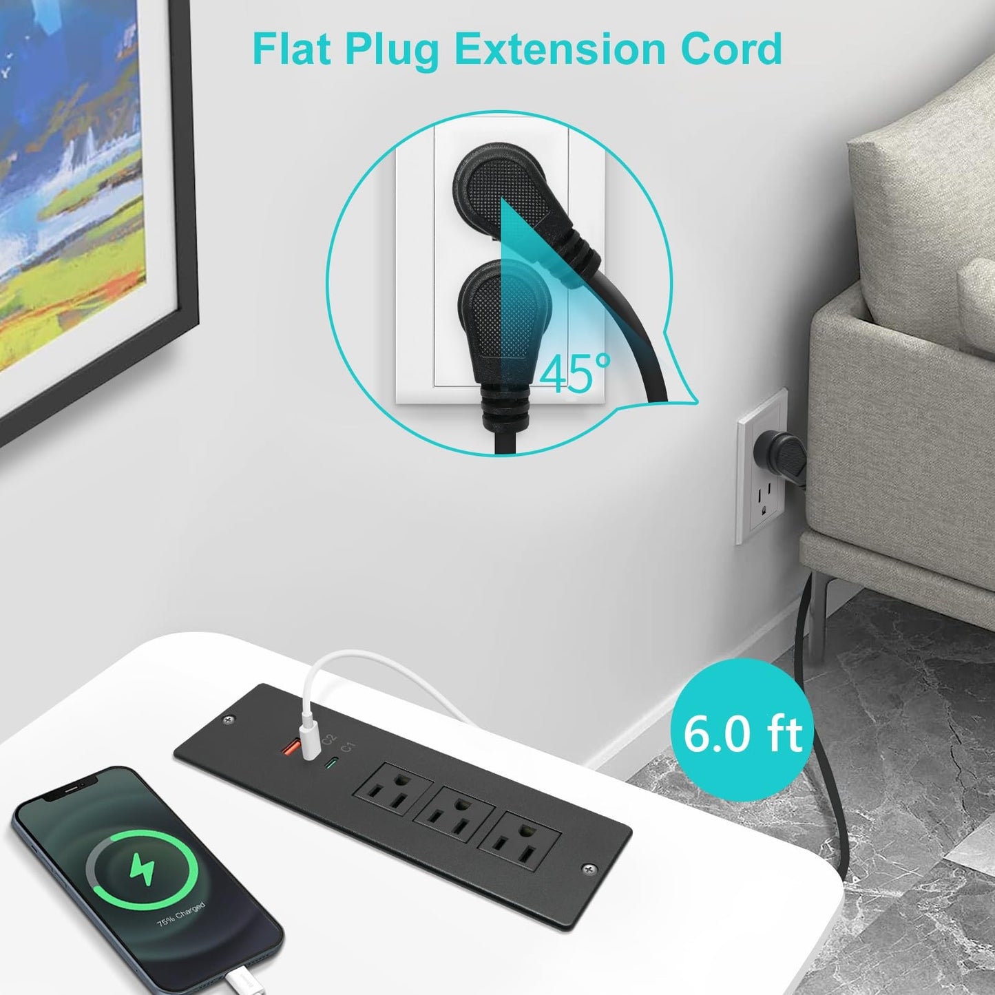 Recessed Power Strip USB C 65W,Flush Mount Desk Power Outlet 3 Outlets 3 USB (PD 65W& QC60W,) 6.56ft Heavy Duty Power Cord with Flat Plug Fast Charge