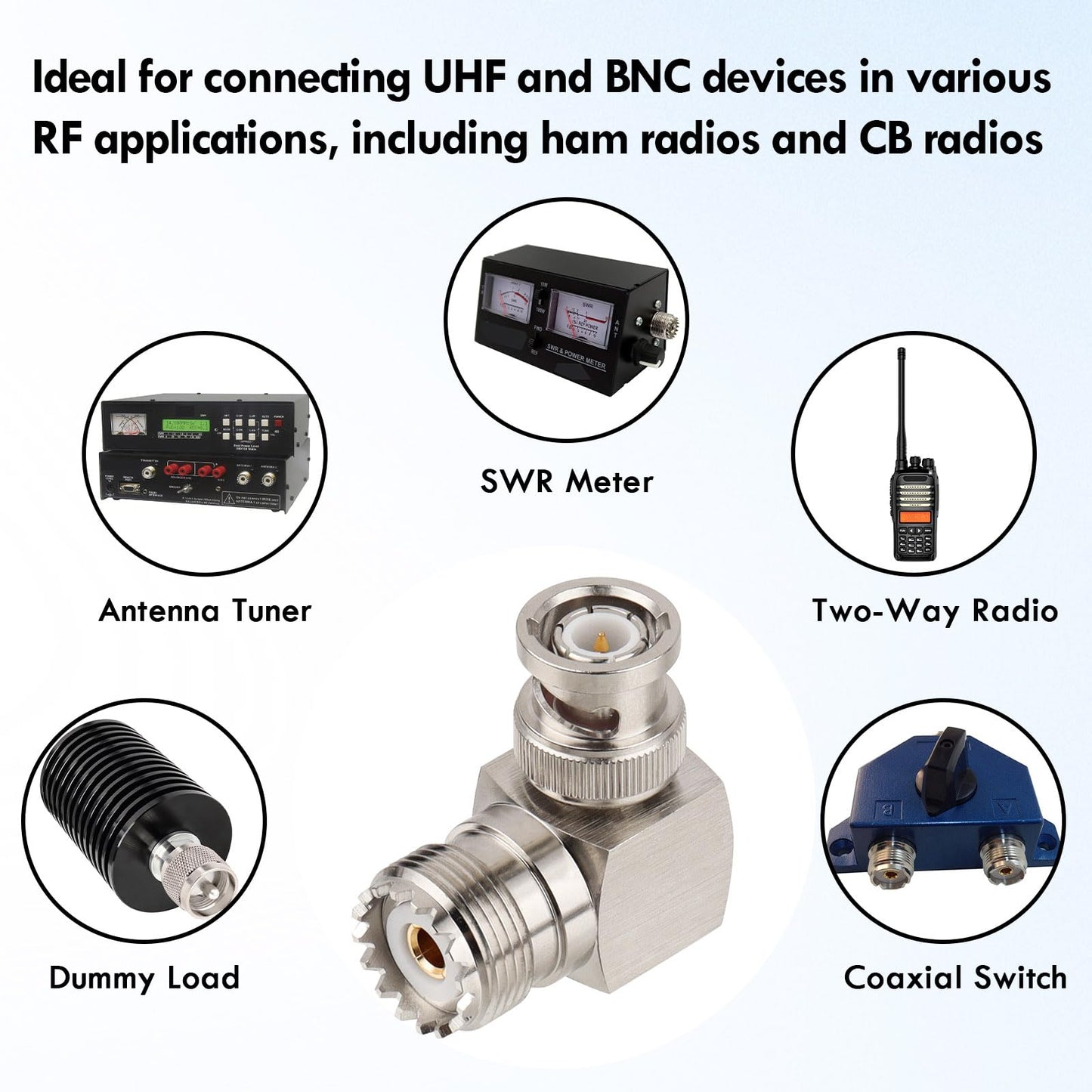 XRDS -RF UHF Female to BNC Male Adapter - 90 Degree BNC Male to SO-239 Female Connector for Ham Radio, CB Radio, and RF Applications (2 Pack)