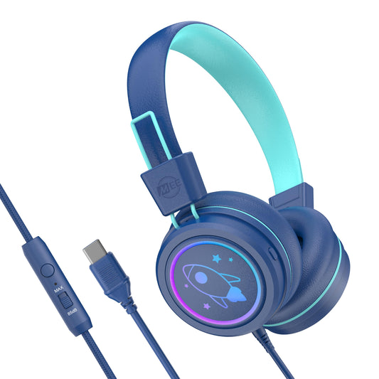 MEE audio KidJamz KJ55 Safe Listening USB-C Headphones for Children with Multicolor LED Lights, Volume Limiter, & Microphone; On-Ear Wired Kids