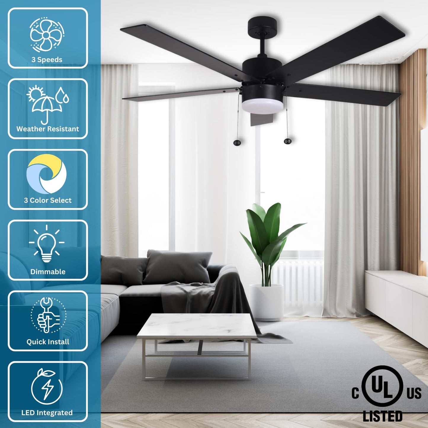 HOMEnhancements 54 Inch Ceiling Fan with LED Light Matte Black Indoor/Outdoor Ceiling Fan with Pull Chain Dimmable 3-Color Temperature 3000K 4000K