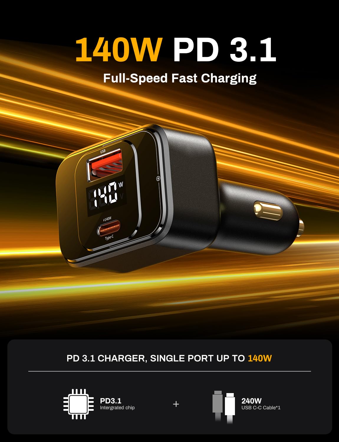 Degeca USB C Car Charger Fast Charging 170W, PD3.1 Single Type-C Port Max Output Power 140W Car Charger with Real-Time Display for MacBook, Laptop