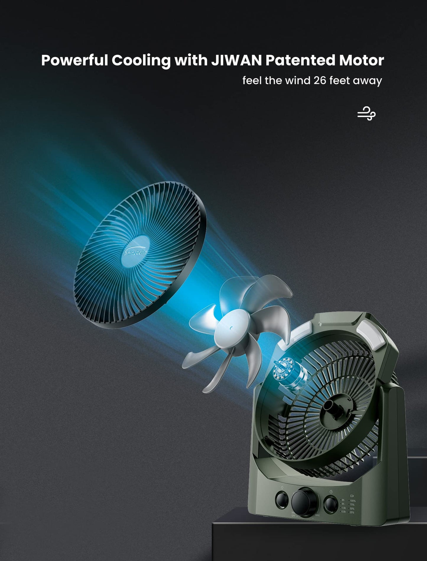 D Battery Powered Camping Fan (Batteries Not Included) with 4 Timer Modes, 8.5’’ Desk Fan with LED Lantern and SOS Light, 180° Rotation, Quiet