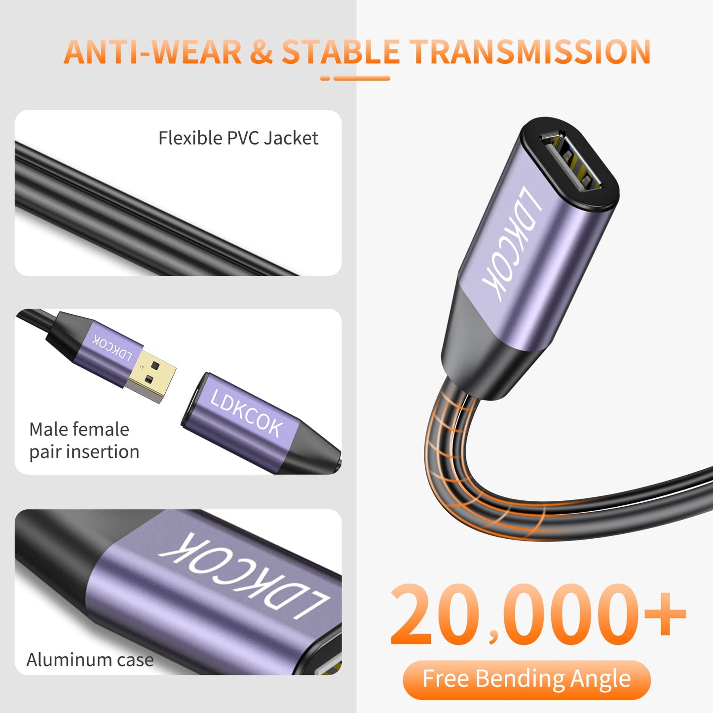 LDKCOK USB 2.0 Type A Male to A Female Active Repeater Extension Cable 30ft, High Speed 480 Mbps