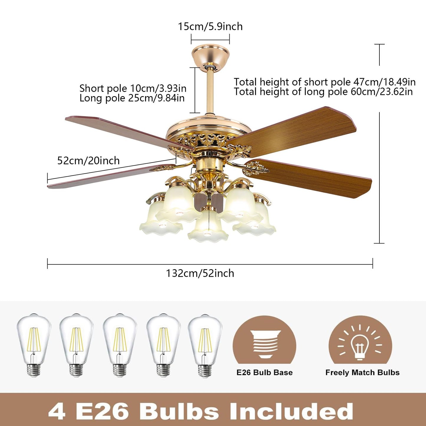 REBaiYU 52 Inch Rose Gold Ceiling Fan with Remote Control for Living Room