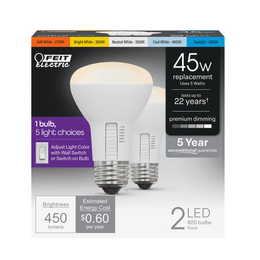 Feit Electric R20 LED Light Bulb, 45W Eq, 5CCT 6Way, 2 Pack