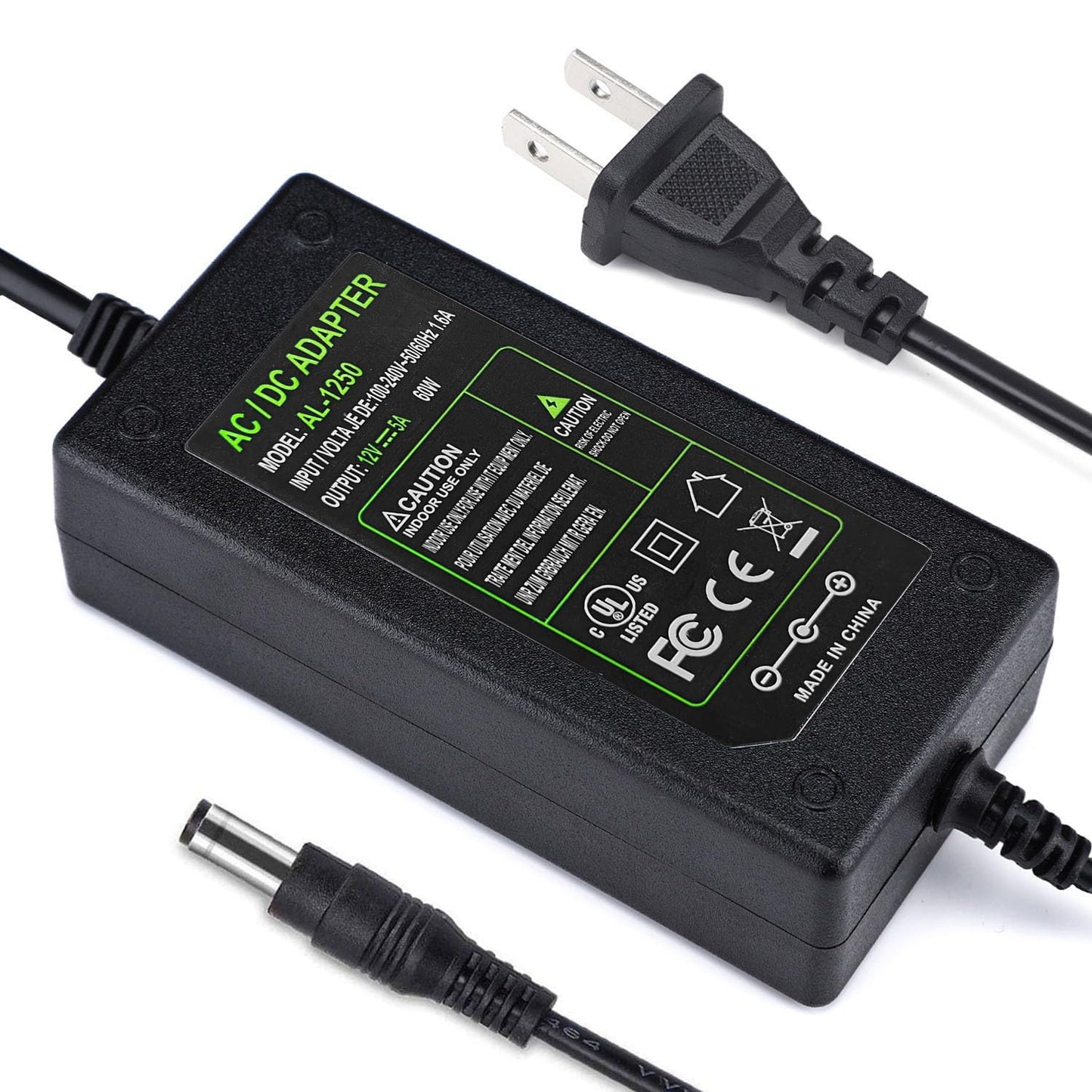 DC 12V 5A Power Supply Adapter, US Plug, 4.6FT Power Cord, AC 100-240V to DC 12V 5A Switching Transformer Jack 5.5mm x 2.5mm for LED Strip, Light…