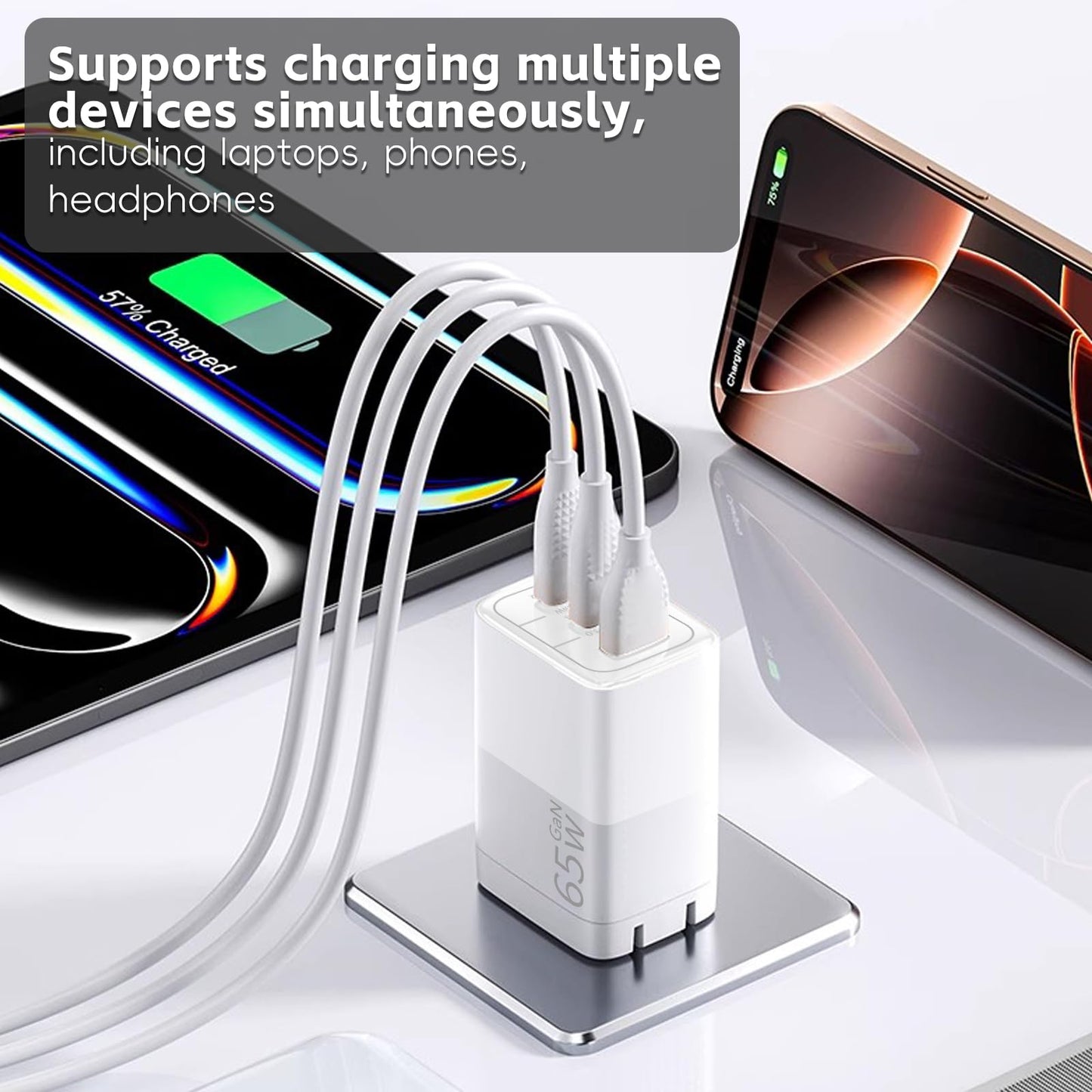 Okjew 65W GaN Fast Charger, 3-Port USB C PD Power Adapter (2×USB-C + 1×USB-A) - Compact & Foldable for MacBook Pro/Air, iPhone 16, iPad, Galaxy S25