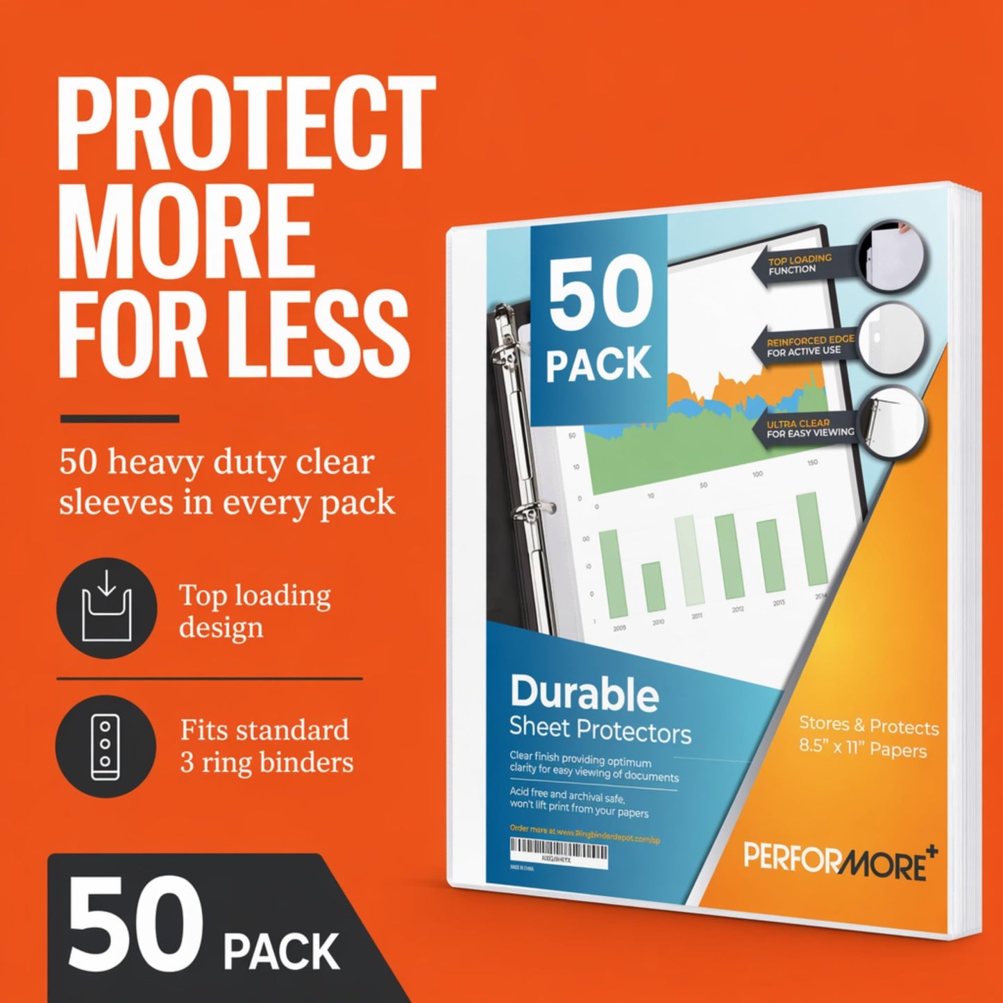 50 Sheet Protectors 8.5 x 11 for 3 Ring Binder, Heavy Duty Clear