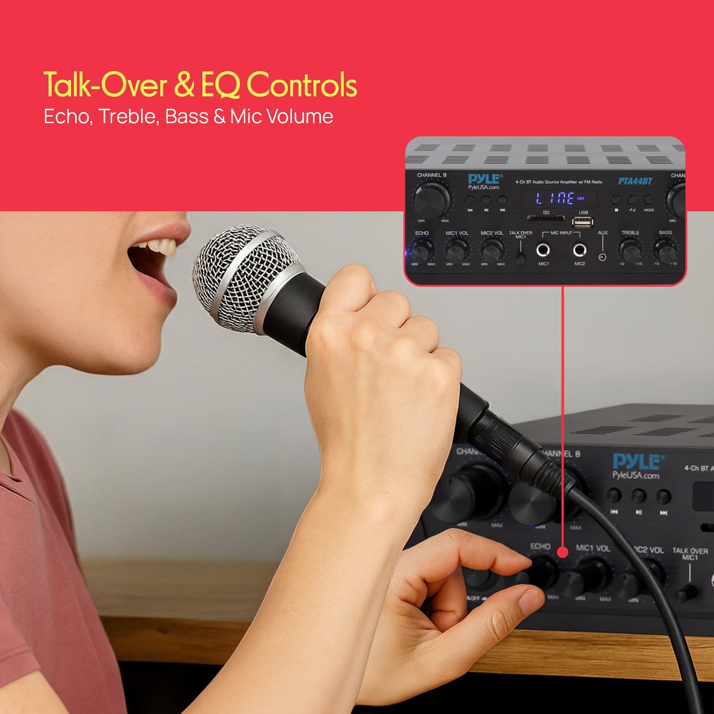 Pyle 4-Channel Audio Amplifier with Bluetooth - Home Stereo Receiver w/ 500W Max Power - Commercial or Karaoke - Dual Mic Input with Echo, Vol