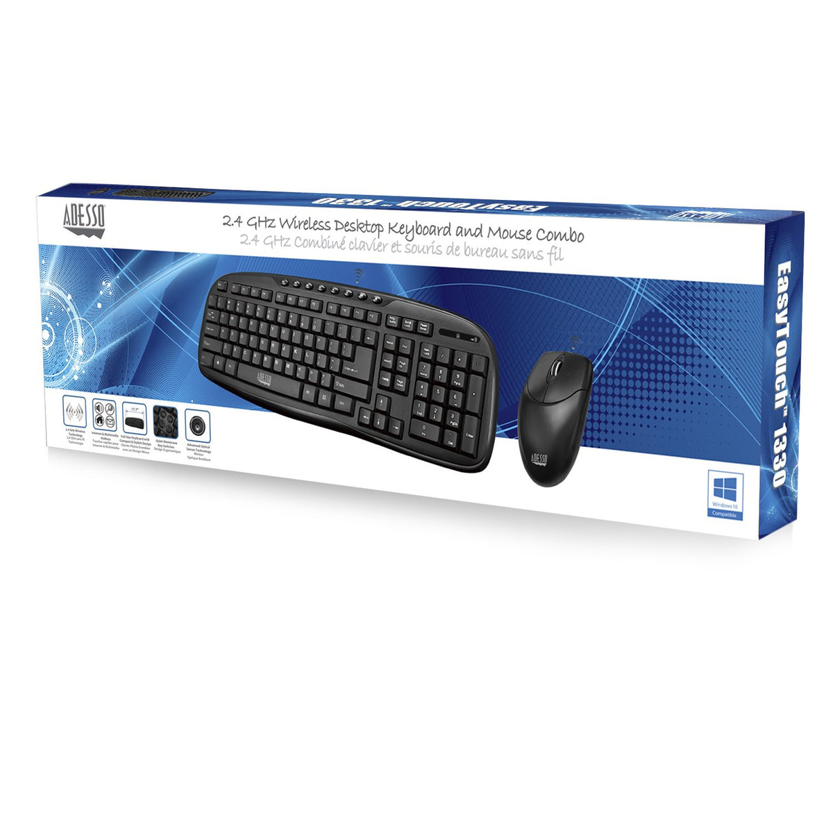 Adesso WKB-1330CB - Wireless Keyboard and Mouse Combo, Desktop Keyboard, Ambidextrous Mouse, Multimedia Hotkeys, Long Battery Life with USB Nano