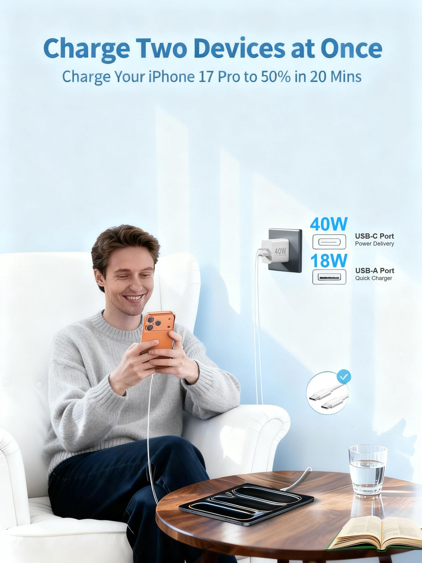 USB C Charger Block, 40W USB-C & USB-A Port Charger Block with 6FT & 4FT USB C Cable for i Phone 17/17 Pro/17 Pro Max/16/16 Plus/16 Pro Max/15/15