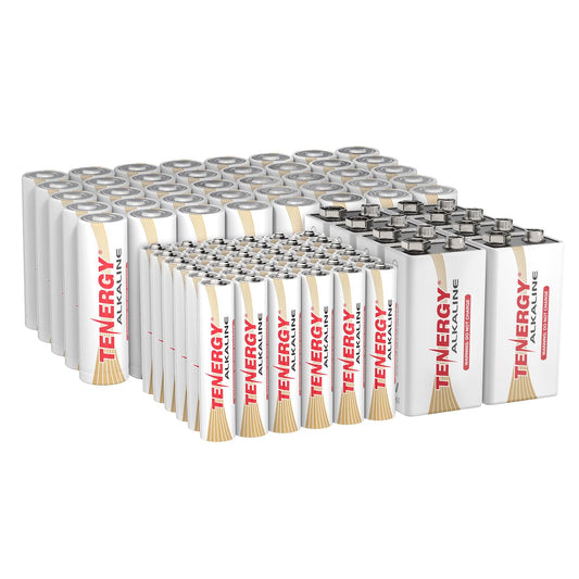 Tenergy 84 Pack Alkaline Batteries, 40 Pack AA, 36 Pack AAA, and 8 Pack 9V Size Batteries for Household Electronics