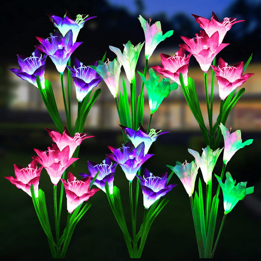 WdtPro Solar Lights Outdoor Garden Decorative 6 Pack, Waterproof Solar Garden Lights with 24 Lily Flowers, Color Changing LED Solar Powered Landscape
