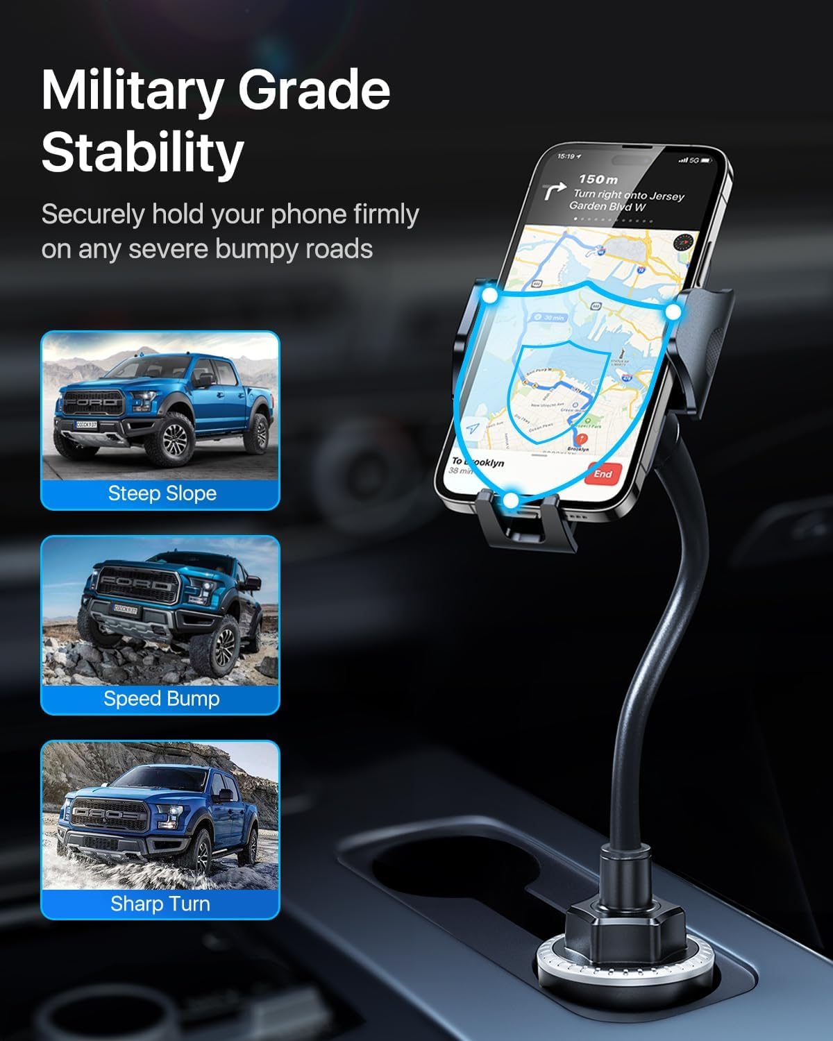 andobil Military-Grade Cup Holder Phone Holder, [Solidest Metal Gooseneck] Universal Cup Phone Holders for Your Car Truck Golf, 360° Adjustable Cup