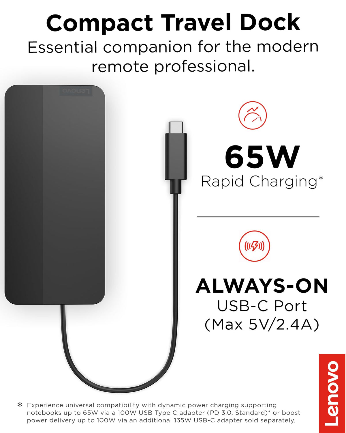 Lenovo USB-C Dual Display Travel Dock - 7 Ports, Integrated Cable, Universal Compatibility, Two displays at 4K - Black