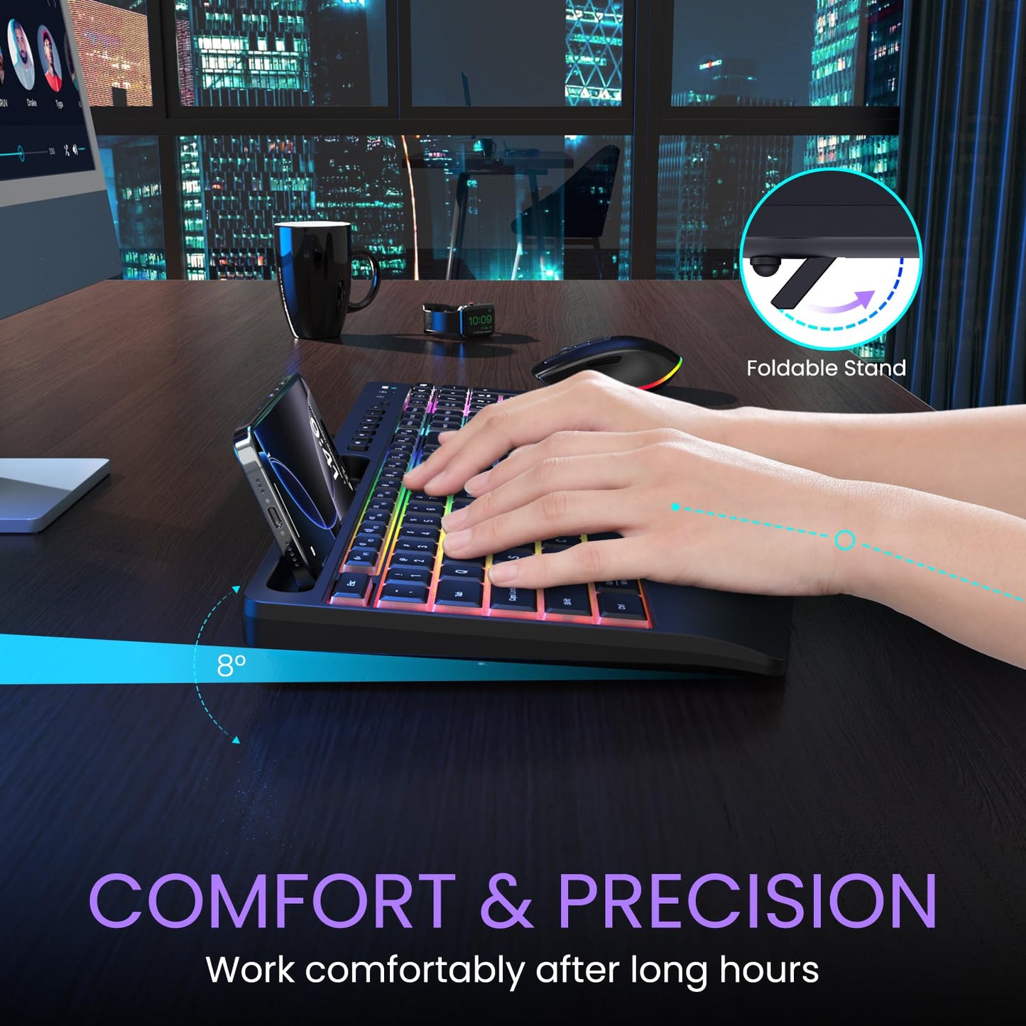 Wireless Keyboard and Mouse Combo- VEILZOR 2.4G Rechargeable Keyboard with Phone Holder, Ergonomic Wrist Rest, 9 RGB Backlit Effects, Silent Keyboard