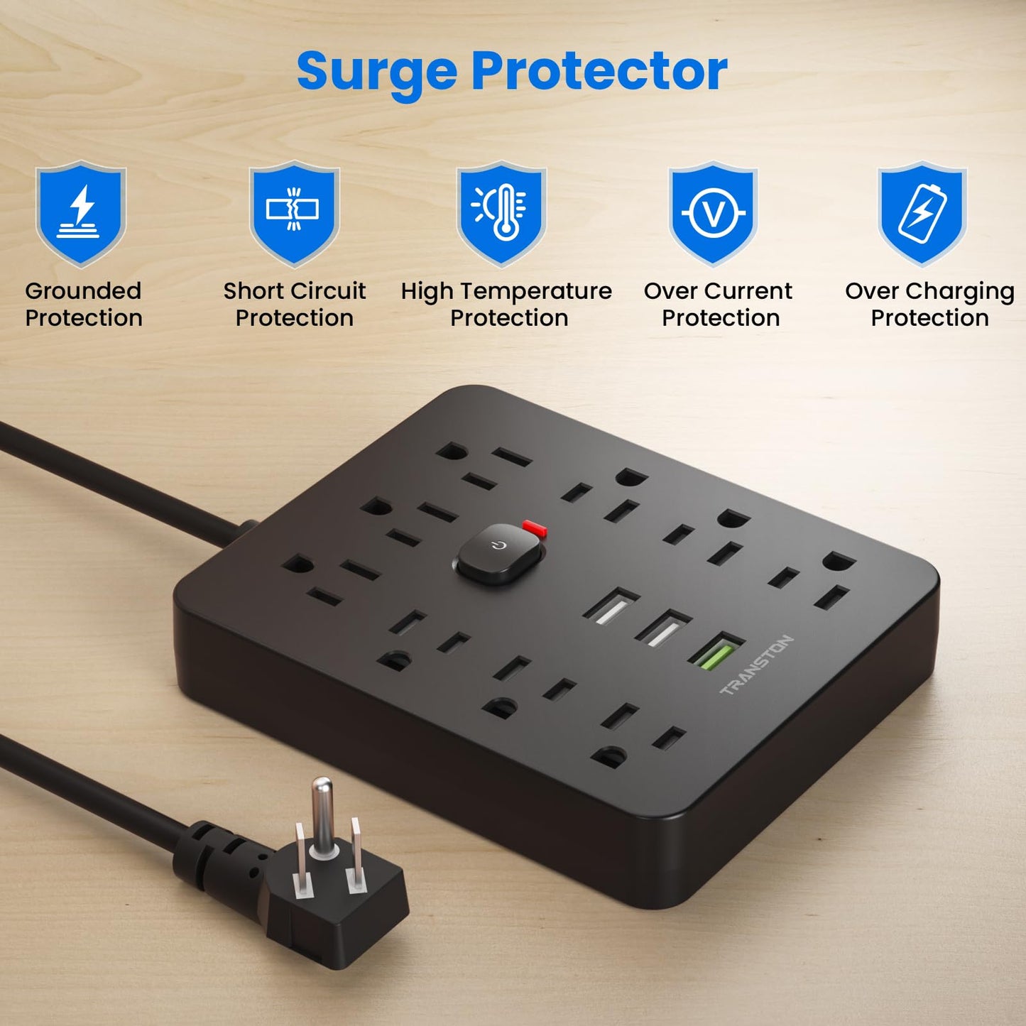 Power Strip Surge Protector with 9 Outlet 3 USB Ports, Fireproof Desktop Charging Station with Flat Plug Wall Mount 5 ft Long Extension Cords for Home