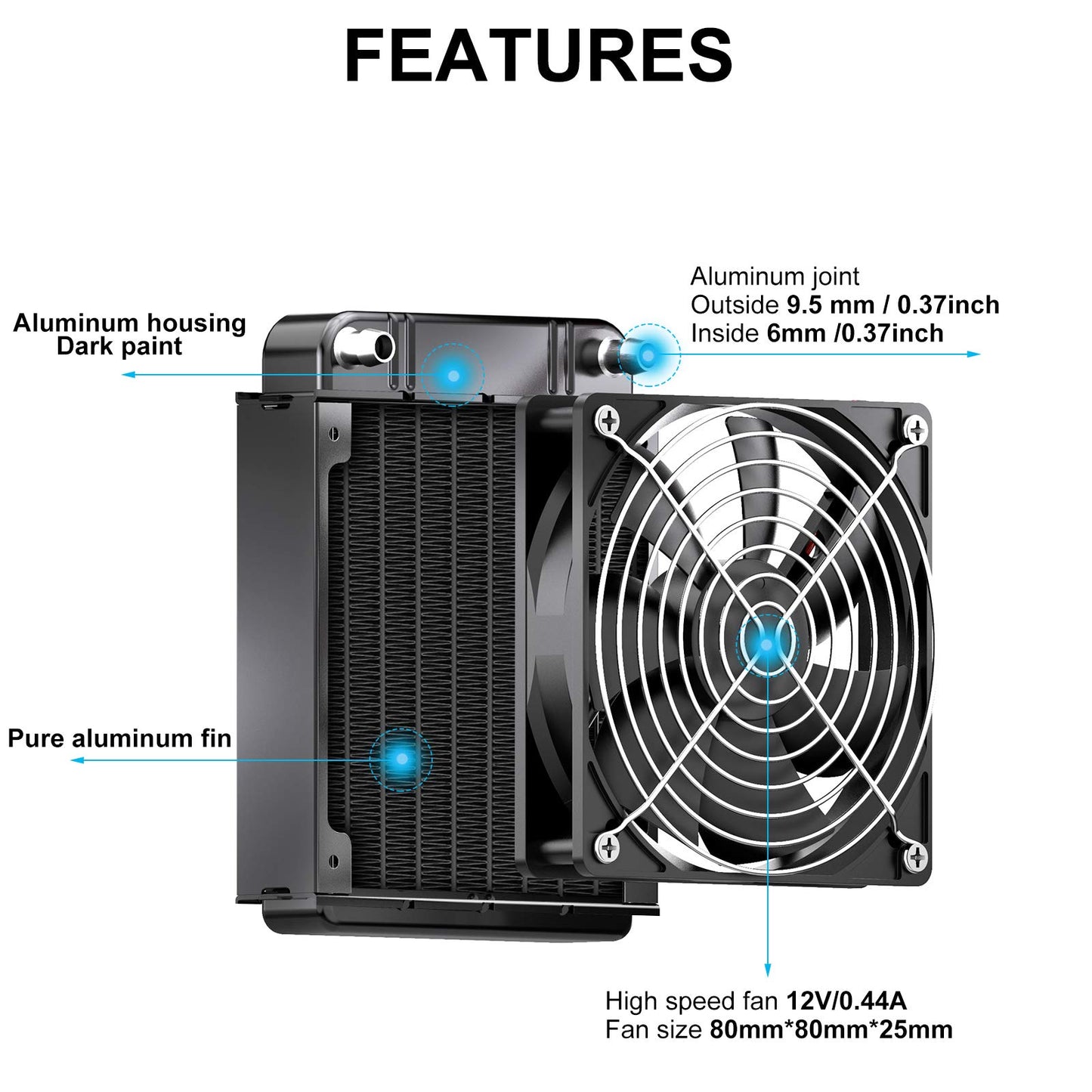 Clyxgs Water Cooling Radiator, 8 Pipe Aluminum Heat Exchanger Radiator with Fan for PC CPU Computer Water Cool System DC12V 80mm Black