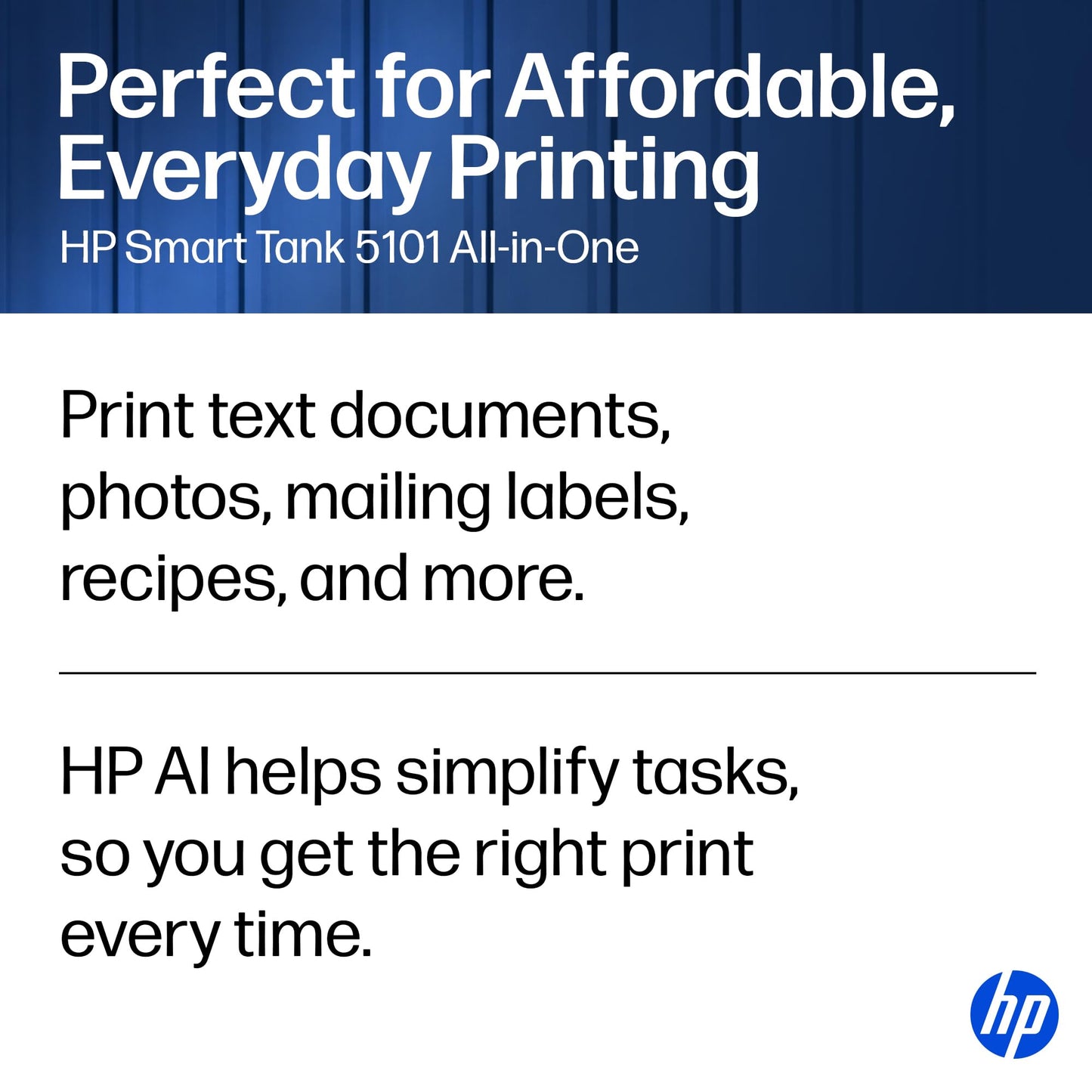 HP Smart Tank 5101 Wireless All-in-One Refillable Printer, Scanner, Copier with 2 Years of Ink Included, Wireless (2.4ghz only) Printer-for-Home use