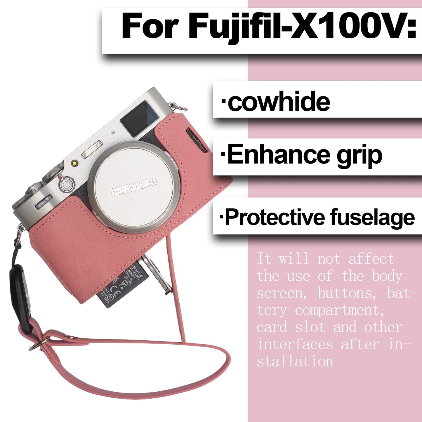 Bowan X100V Camera Case, Handmade Genuine Real Leather Half Camera Case Bag Cover for Fujifilm X100V Camera Bottom Opening Version + Hand Strap (Pink)