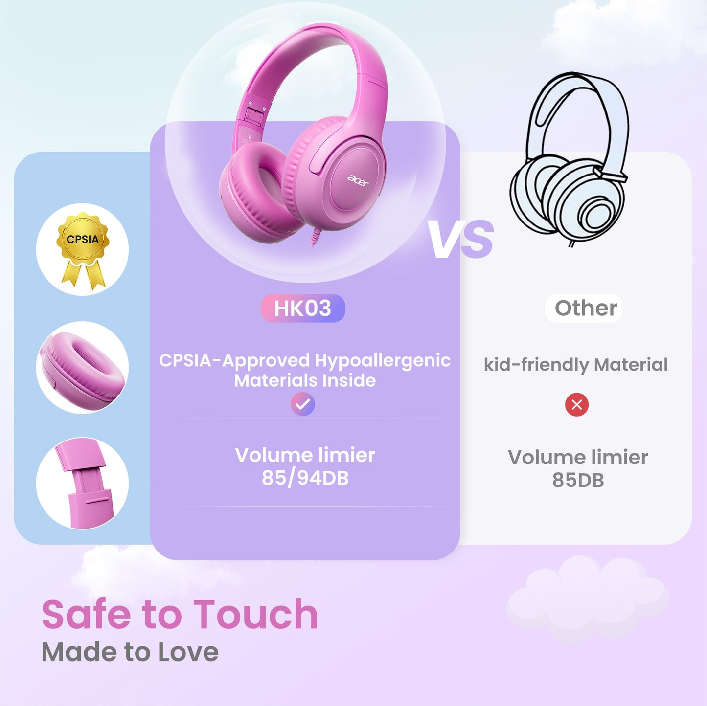 Acer Kids Headphones for School, 85-94dB Limiter, 3.5mm Jack, w/Mic HK03