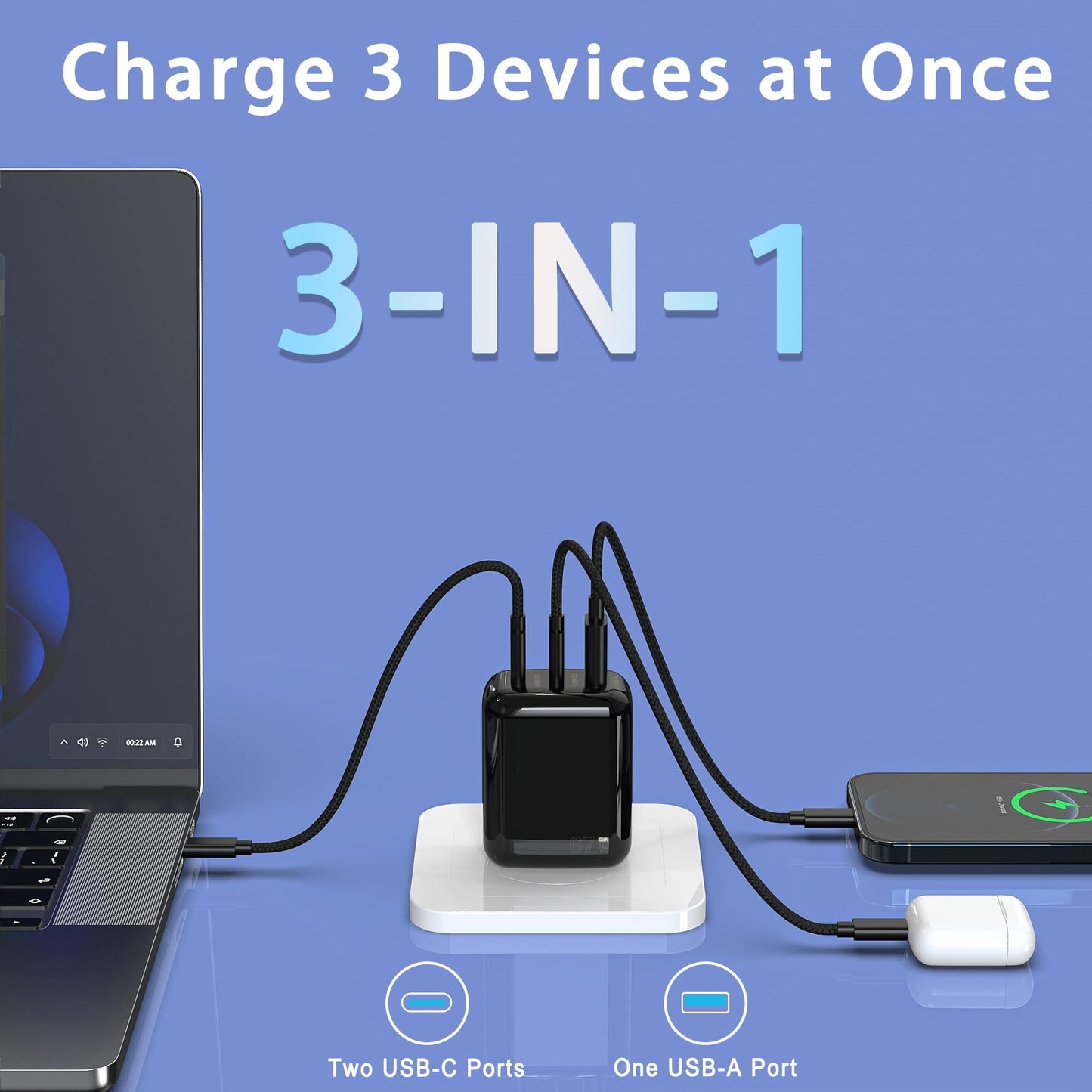 QIOUZW 67W USB C Wall Charger, 3-Port GaN Fast Charger Block,Replacement for MacBook Pro/Air, iPad, iPhone 15/14/Pro, Galaxy, Pixel, Apple Watch