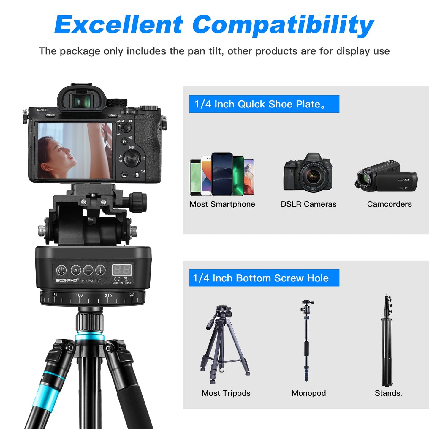 Soonpho M4 Motorized Rotating Panoramic Tripod Head, Remote Control 360° Pan Tilt Head with Mobile Phone Clip for DSLR Cameras, Camcorders