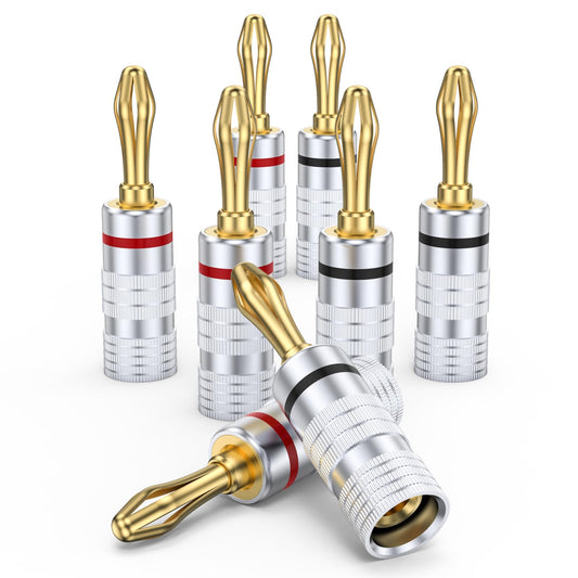 MOSWAG Banana Plugs for Speaker Wire (4 Pairs/8 pcs), Brass Speaker Connectors with Dual Set Screws, Black and Red Shell Banana Plugs for Home
