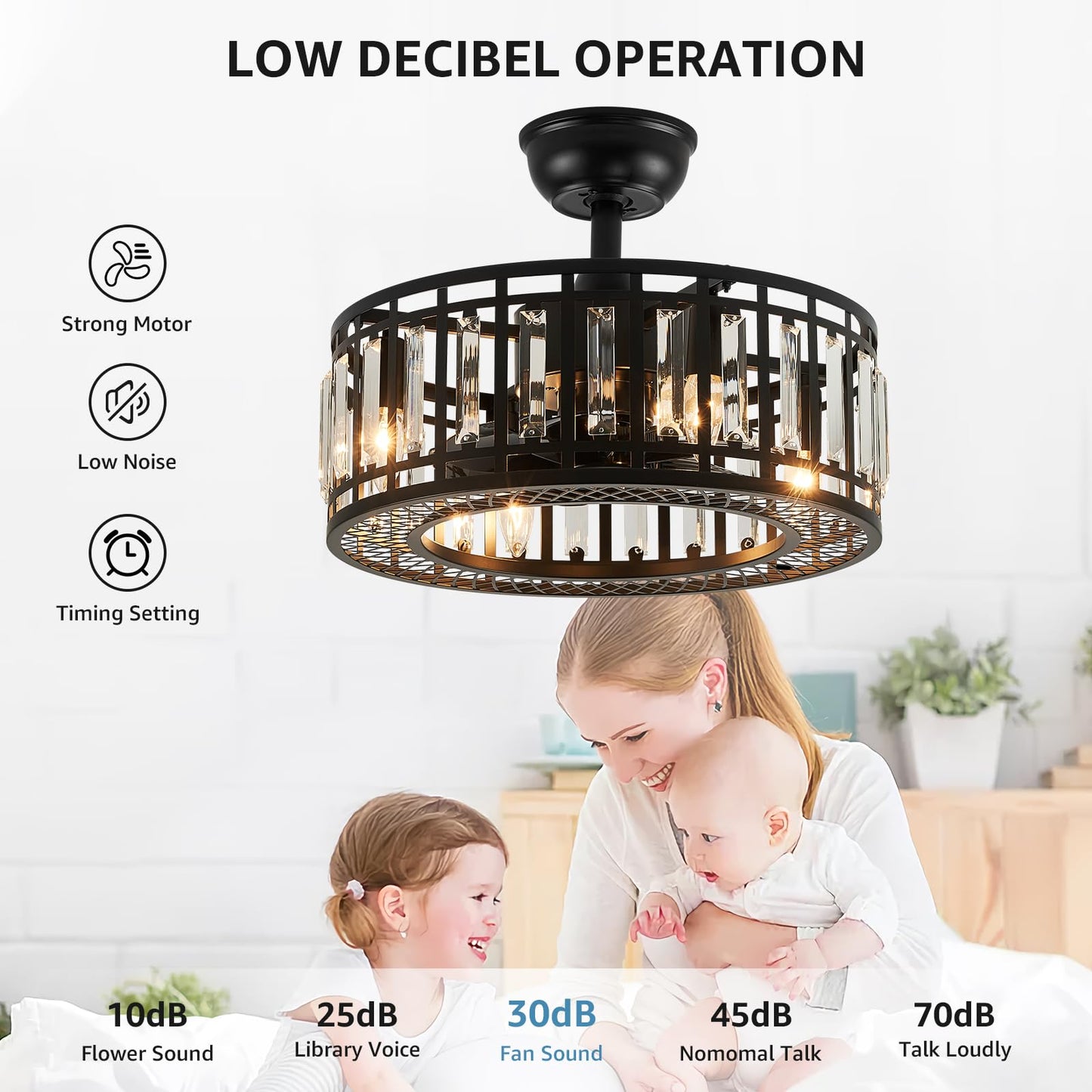MOOONICHE 18" Black Crystal Caged Ceiling Fan with Light and Remote, Industrial Caged Chandelier Fan 8-Blade Fandelier Modern Enclosed Ceiling Fan