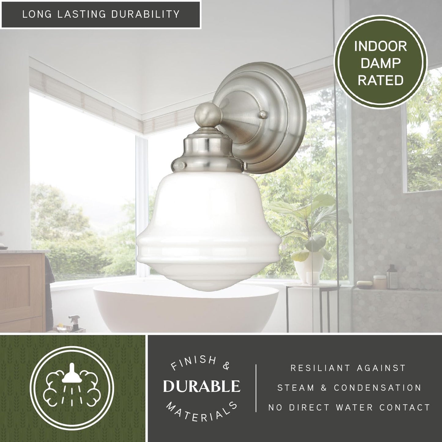 VAXCEL Huntley 1-Light 6.75 inch Wide Satin Nickel Farmhouse Bathroom Vanity Lighting Fixture, White Schoolhouse Milk Glass Globe Shade, Dimmable, LED