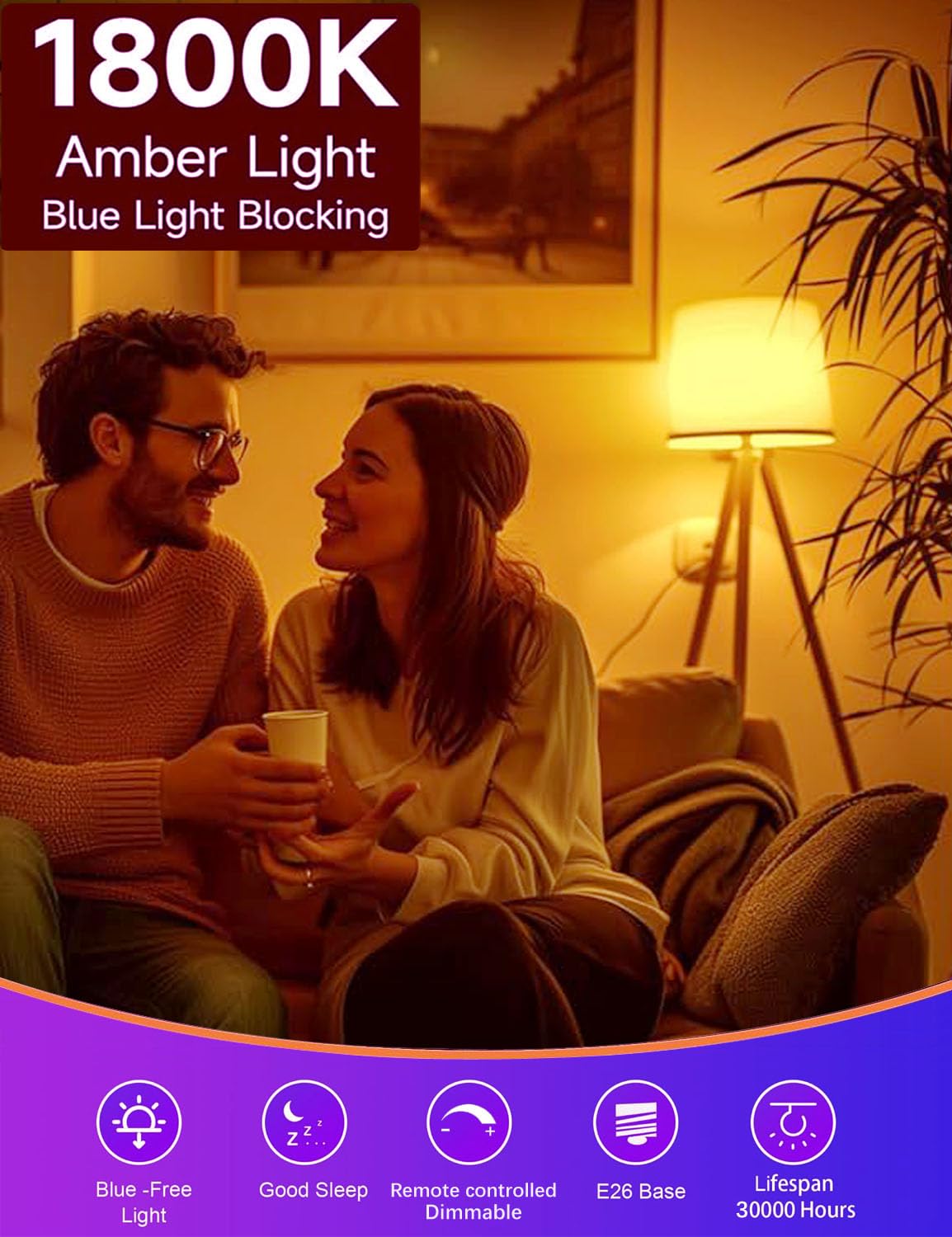 Angyues Red and Amber Sleep Bulb with Remote Control Choose 660nm Red Light or 1800K Amberlight,Timer Function, 10W Blue Light Blocking A19 Bulb, E26