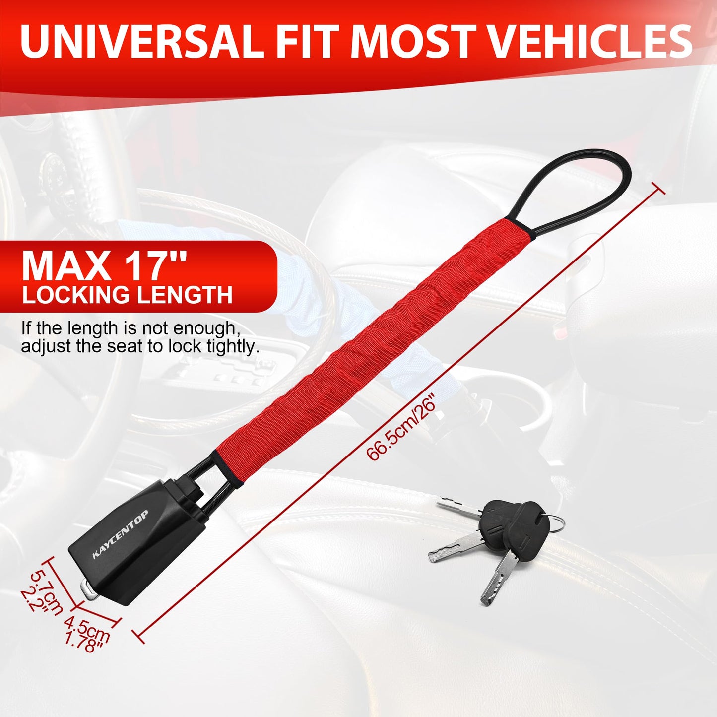KAYCENTOP Car Steering Wheel Lock, Seat Belt Lock, Anti-Theft Device, Max 17 Inch Length, Small and Light-Weight, Multi-Functional, Fit Most Vehicle