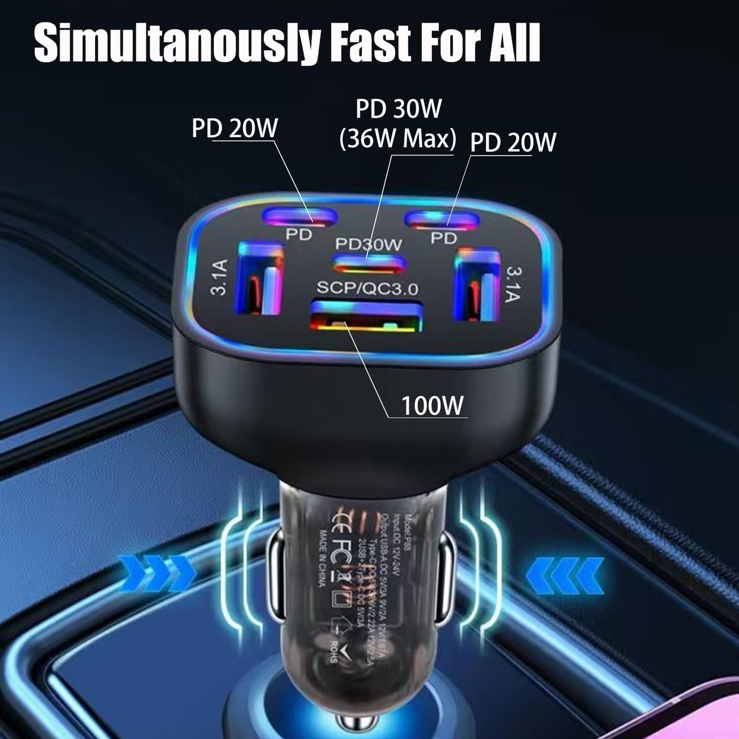 6 in 1 Multi Port USB C Car Charger Adapter PD 30W 6 Ports Super Fast Charging Cigarette Lighter Adapter 2 USB-C for MacBook iPhone 16/15/14/13/12