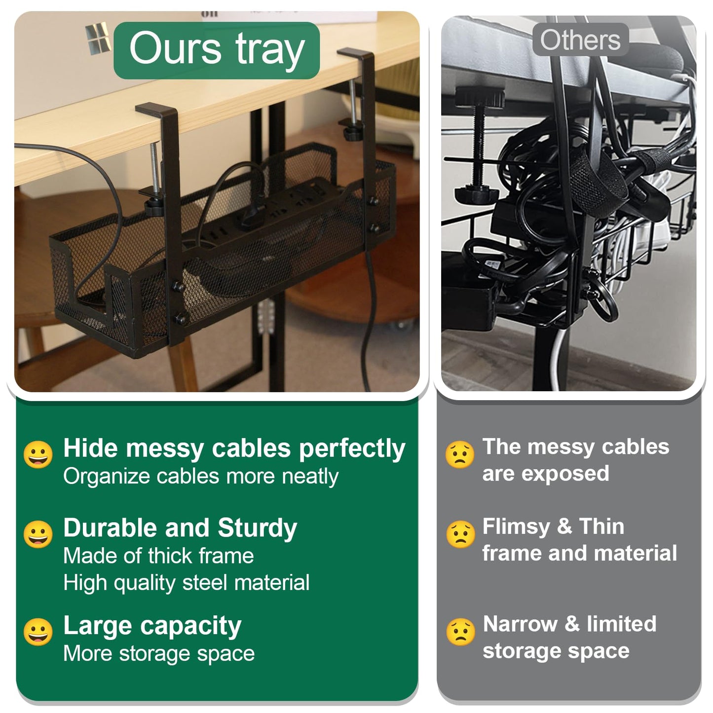 No Drill Under Desk Cable Management Tray with clamp-Premium Wire Tray Cord Organizer - Thin Steel Cable Tray Basket with Charger Holder for