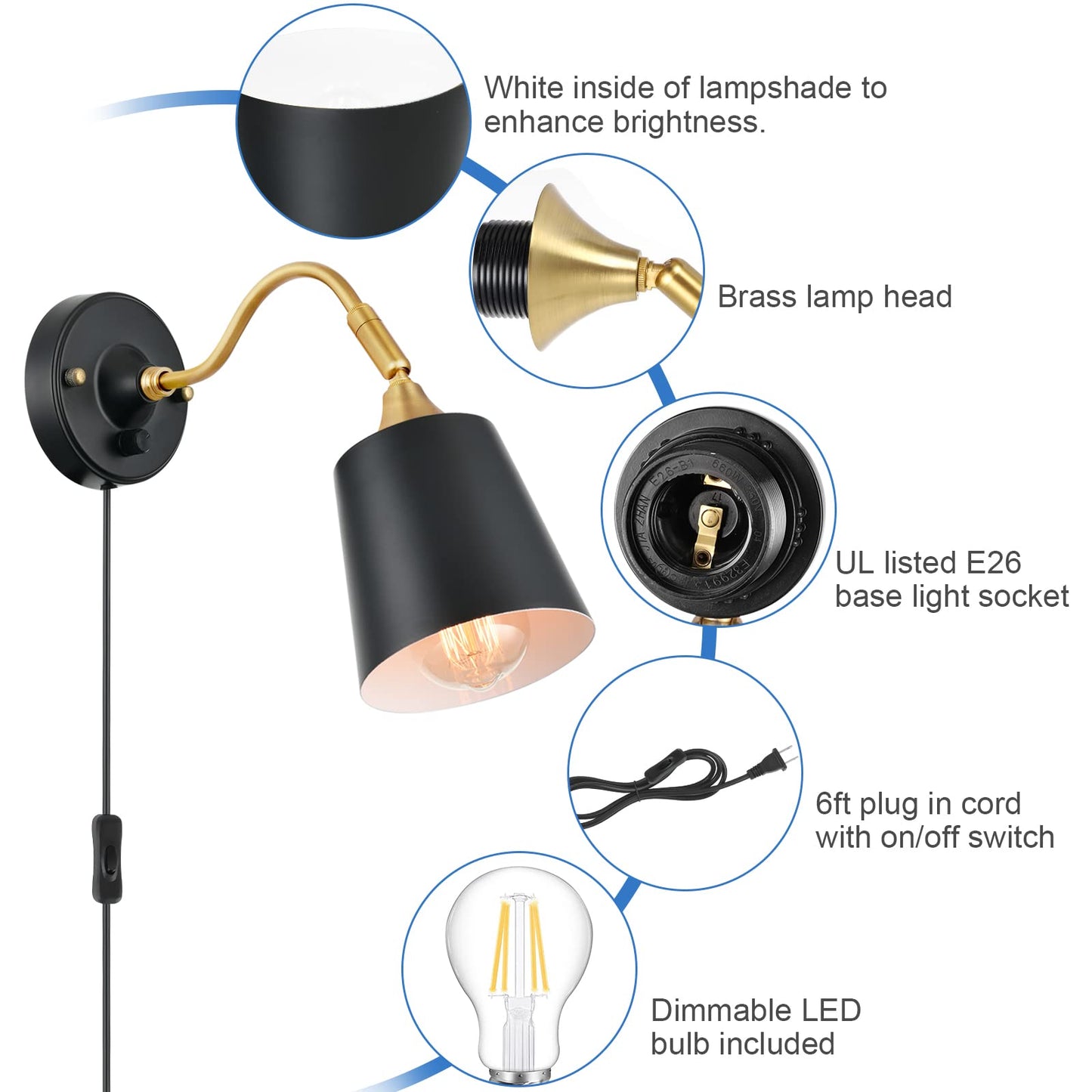 TRLIFE Wall Sconces Plug in, Dimmable Wall Lights with Plug in Cord Adjustable Lighting Angle Wall Mounted Light with On/Off Rotary Switch