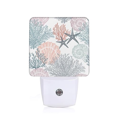 Beach Seashell Coral Starfish Night Light,Plug into Wall with Dusk to Dawn Light Sensors, Nightlights for Bedroom, Bathroom, Hallway, Kitchen, Gifts