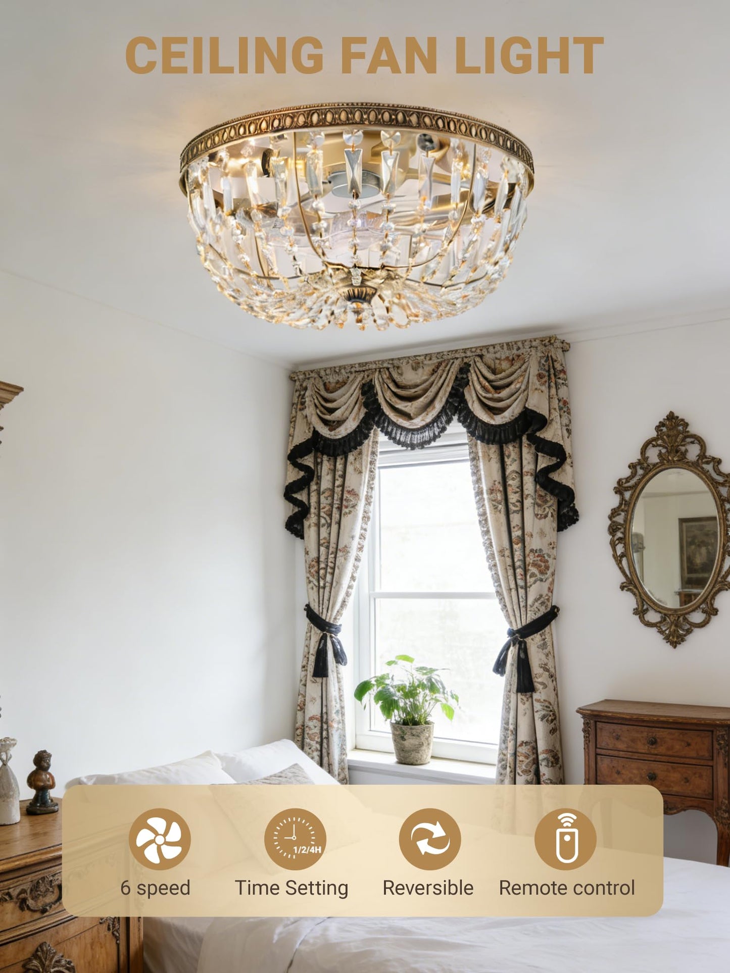 Thoxipn 20inch Gold Crystal Flush Mount Ceiling Fan With Lights Low Profile