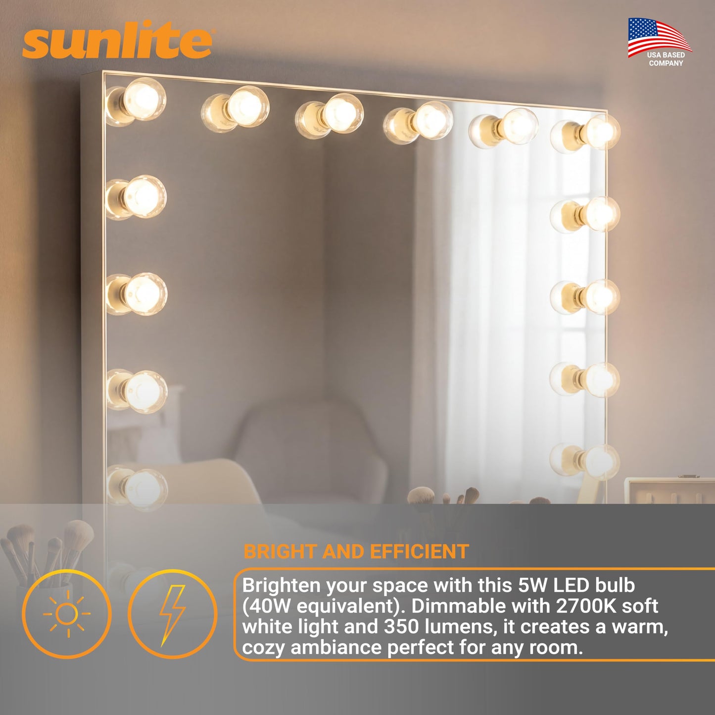Sunlite G16.5 Light Bulb LED, 5 Watts (40W Equiv.), 350 Lumens, Dimmable, Type G Globe Shape E12 Candelabra Base, Short Bulbs, Vanity Mirror Bulbs