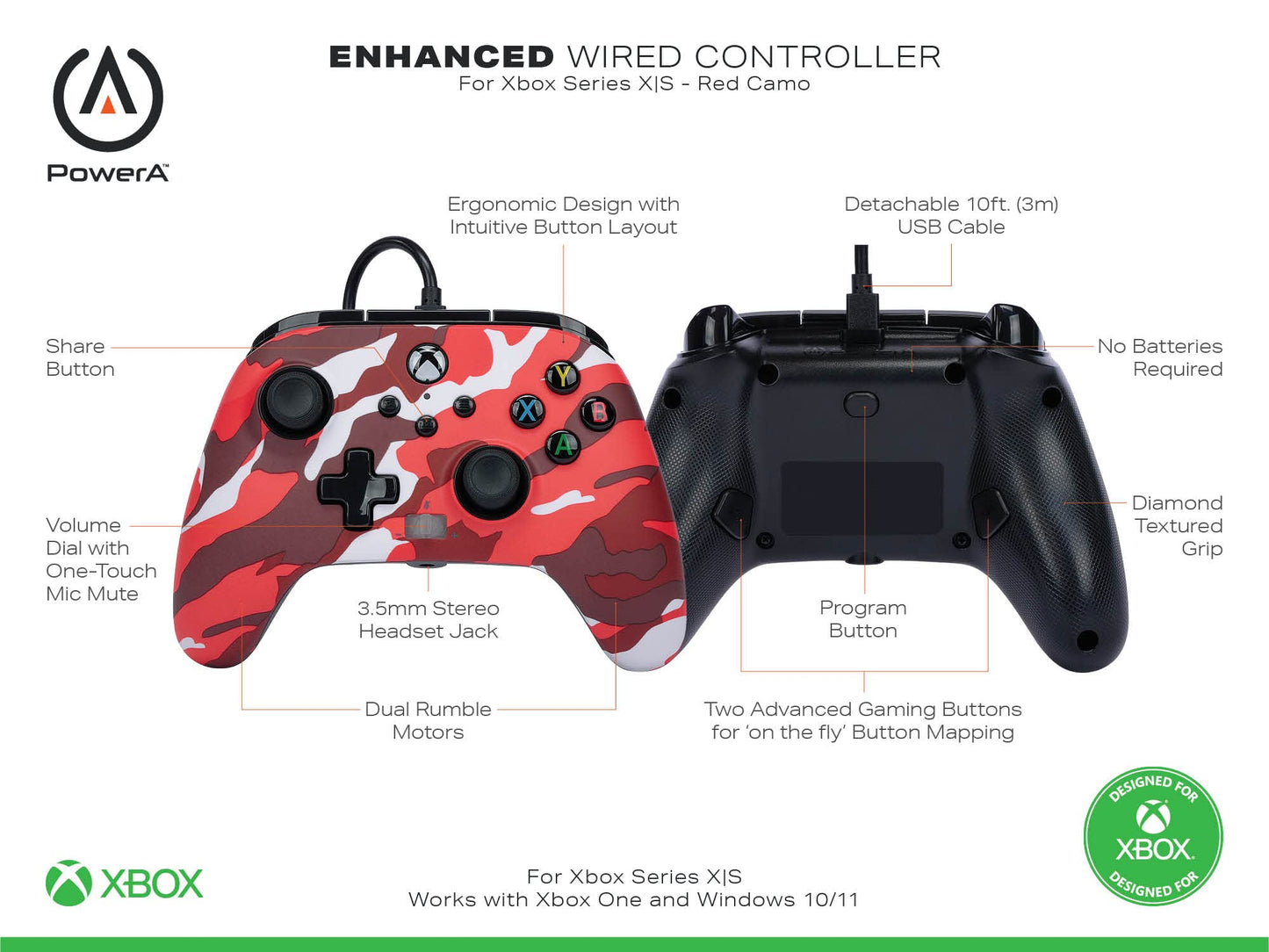 PowerA Enhanced Wired Controller for Xbox Series X|S - Red Camo, gamepad, wired video game controller, gaming controller, works with Xbox One