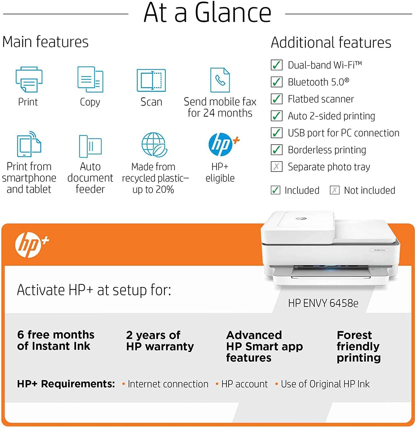 HP Envy 6458e All-in-One Wireless Color Inkjet Printer, Print Copy Scan - 10 ppm, 4800 x 1200 dpi, Auto 2-Sided Printing, 35-Sheet ADF, Dual-Band