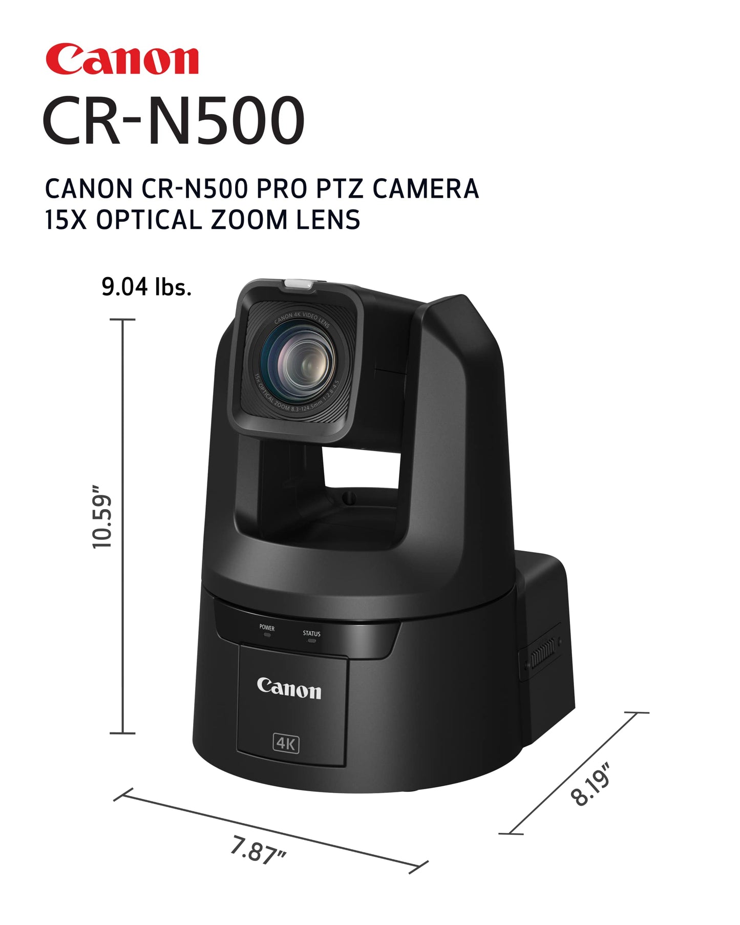 Canon CR-N500 Pro PTZ Camera BK 15x Optical Zoom lens, 1” 4K 30p Dual Pixel AF Sensor, 3G-SDI, HDMI, IP Video Out, NDI|HX2, SRT- Church, Live Events