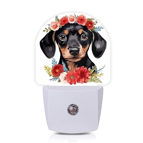 Axxitude Cute Dachshund Flowers Night Lights Plug into Wall for Girls Boys Room,Night Light LED Lamp Dusk to Dawn Sensor Round Lamp for Bedroom