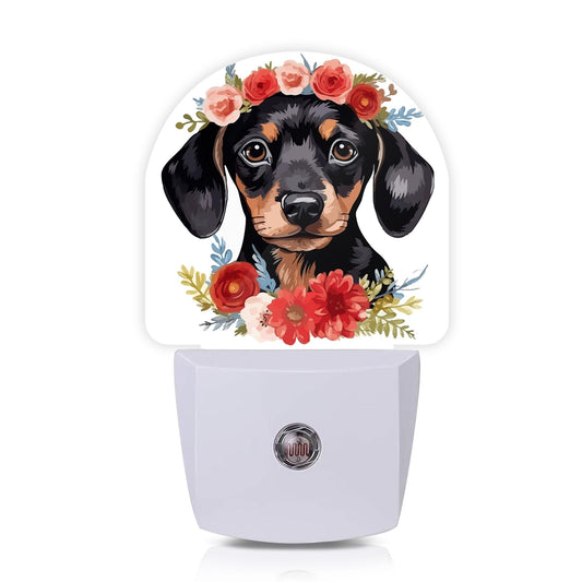 Axxitude Cute Dachshund Flowers Night Lights Plug into Wall for Girls Boys Room,Night Light LED Lamp Dusk to Dawn Sensor Round Lamp for Bedroom