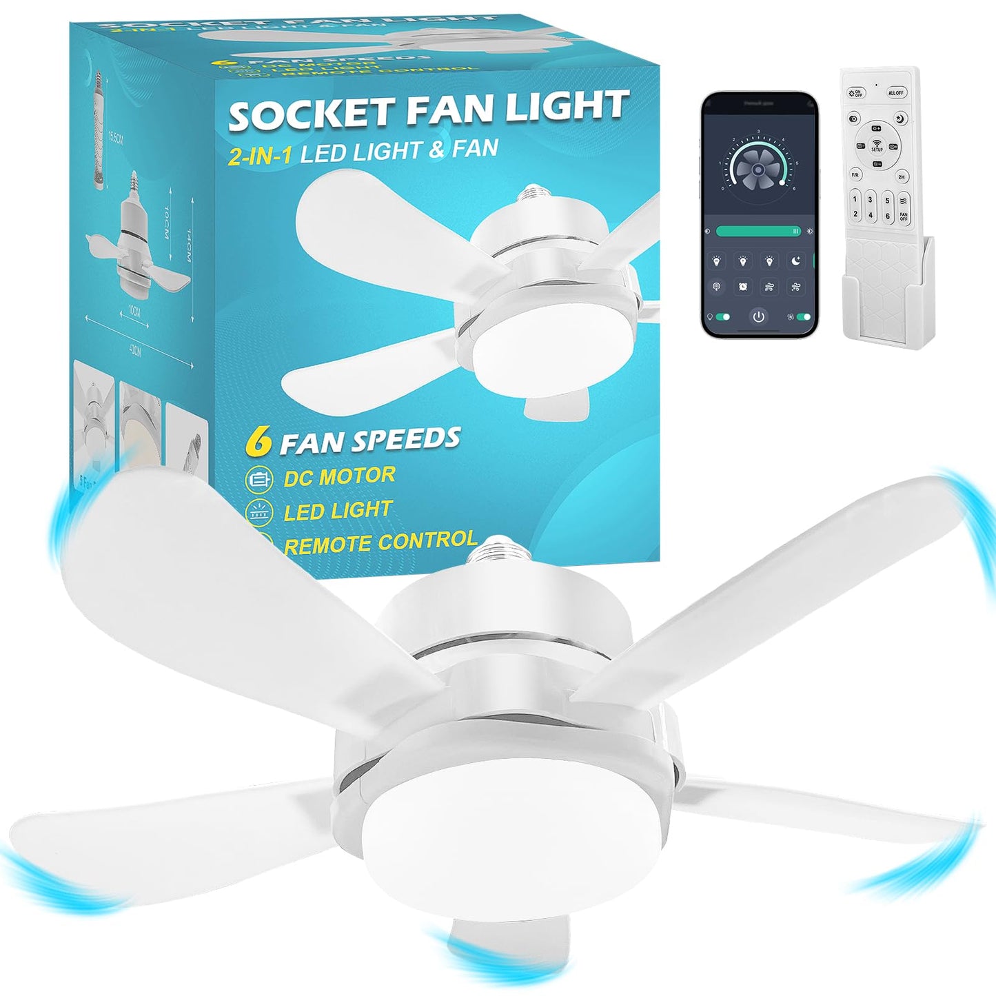 Socket Fan Light With Remote, Screw Ceiling Fans with Lights, 5 Reversible Blades, Quiet 6-Speed DC Motor, Dimmable Socket Fan for Garage Bathroom