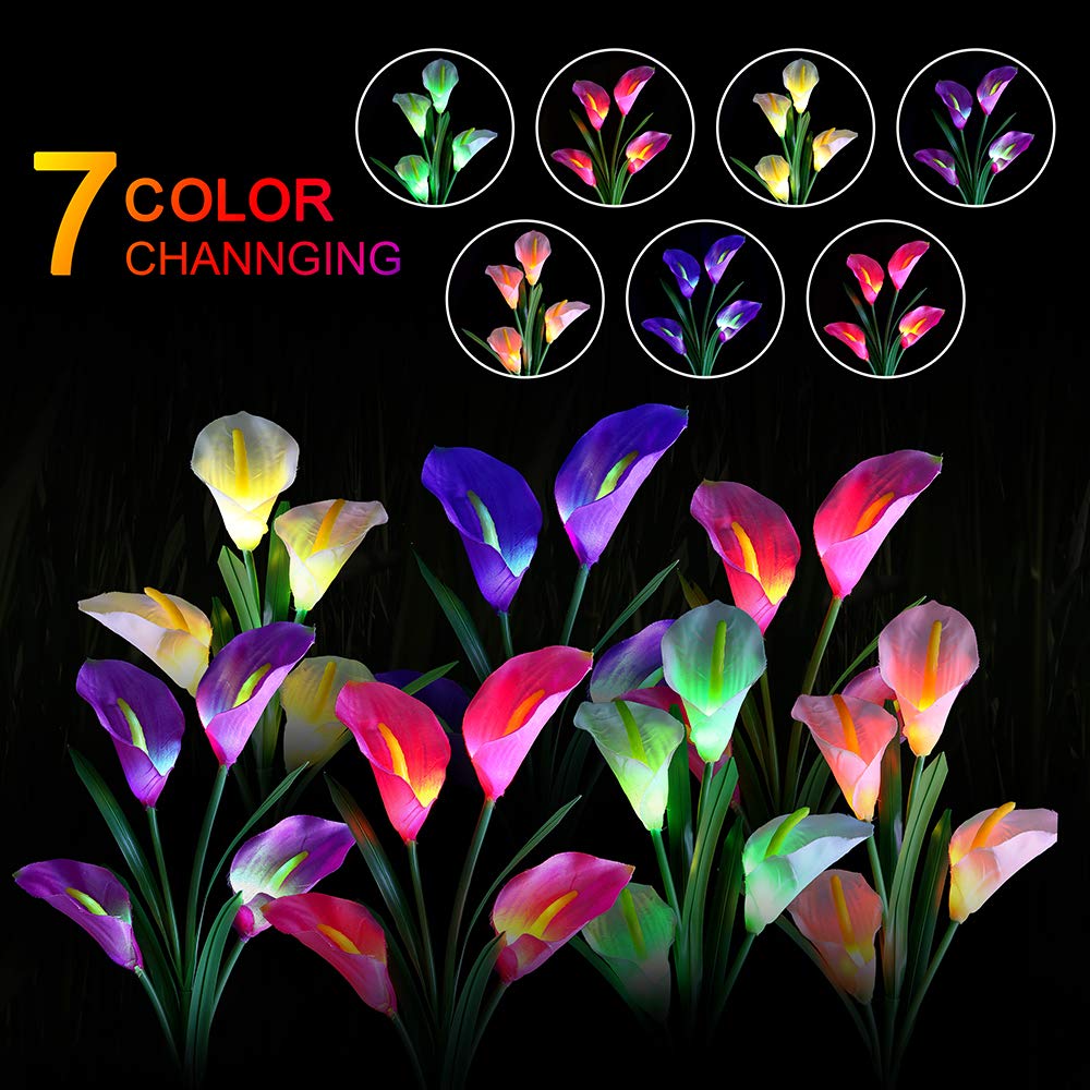 Aloudy Solar Garden Stake Lights: 3 Pack Outdoor Waterproof Calla Lily Flowers, 7 Color Changing LEDs for Garden, Patio, Backyard (Purple & White)