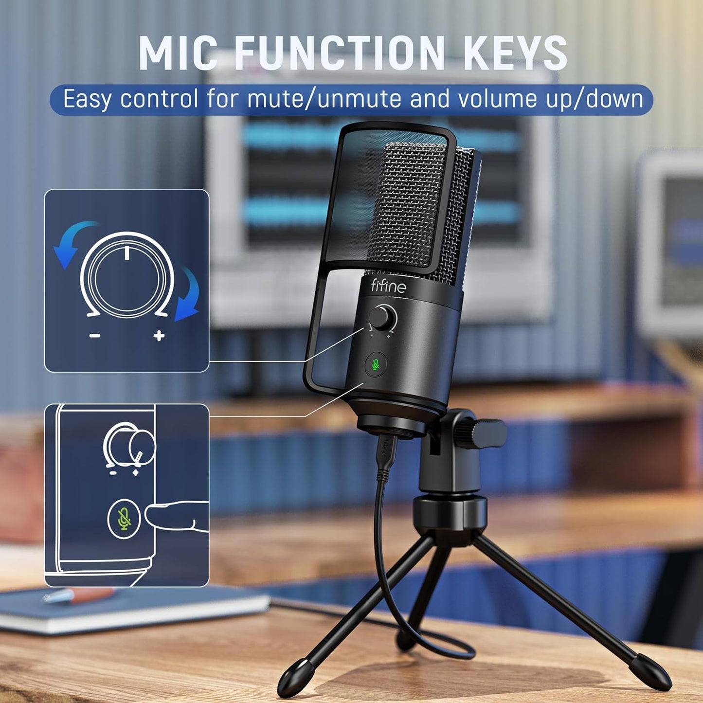 FIFINE Podcast Recording Microphone, PC USB Condenser Microphone for Streaming Vocal Music, Computer Desktop Mic with Mute Button for Windows/Mac